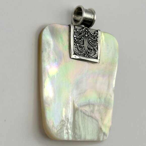 Artisan Sterling Silver 925 Mother of Pearl Iridescent Pendant Shell Boho 2in - Picture 6 of 10